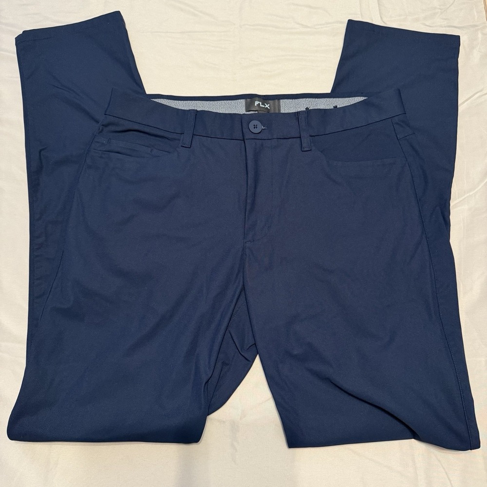 FLX Men's Blue Pants 34W Regular Fit Flat Front Straight Leg Polyester Pockets